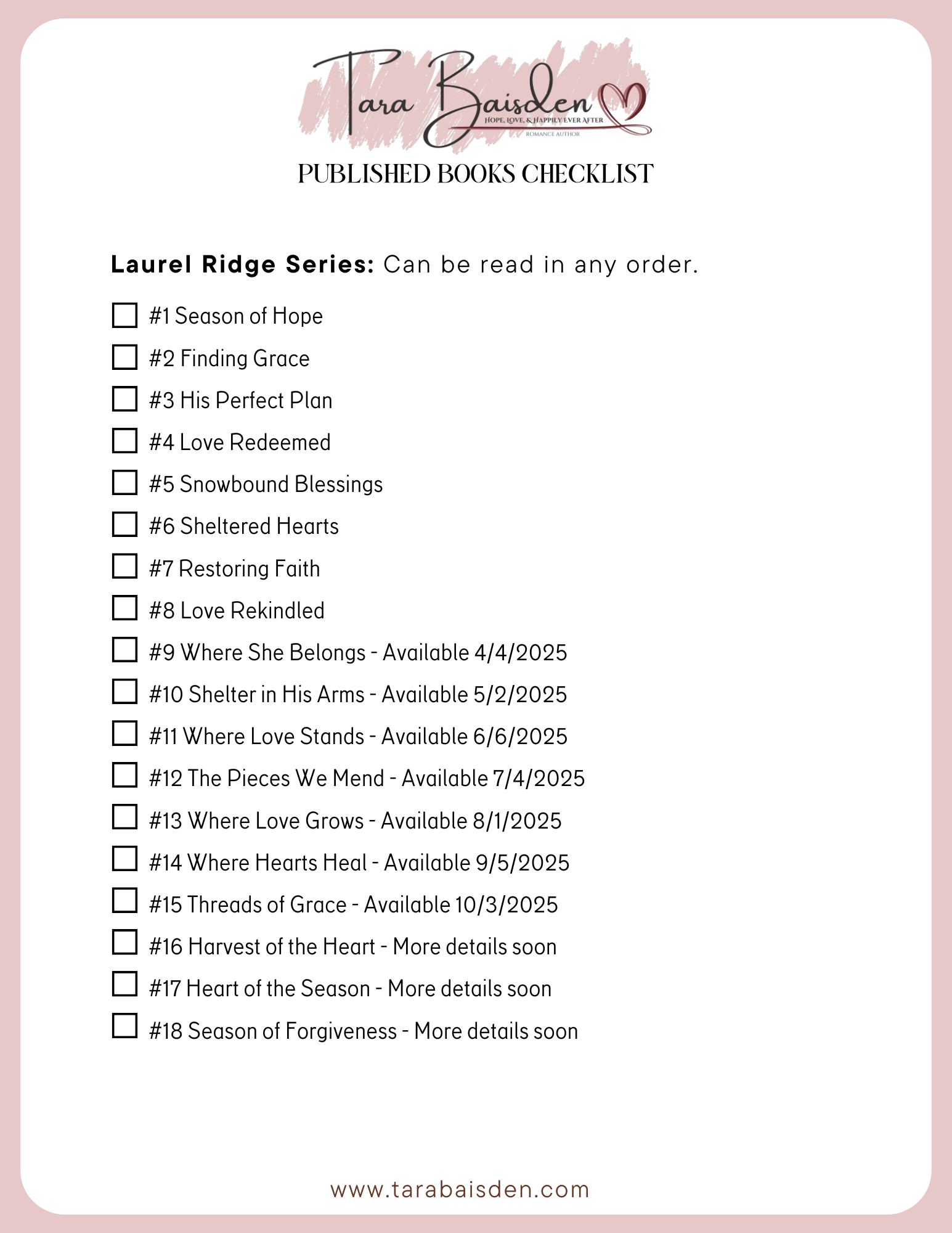TaraBaisdenBookChecklistLaurelRidge32825